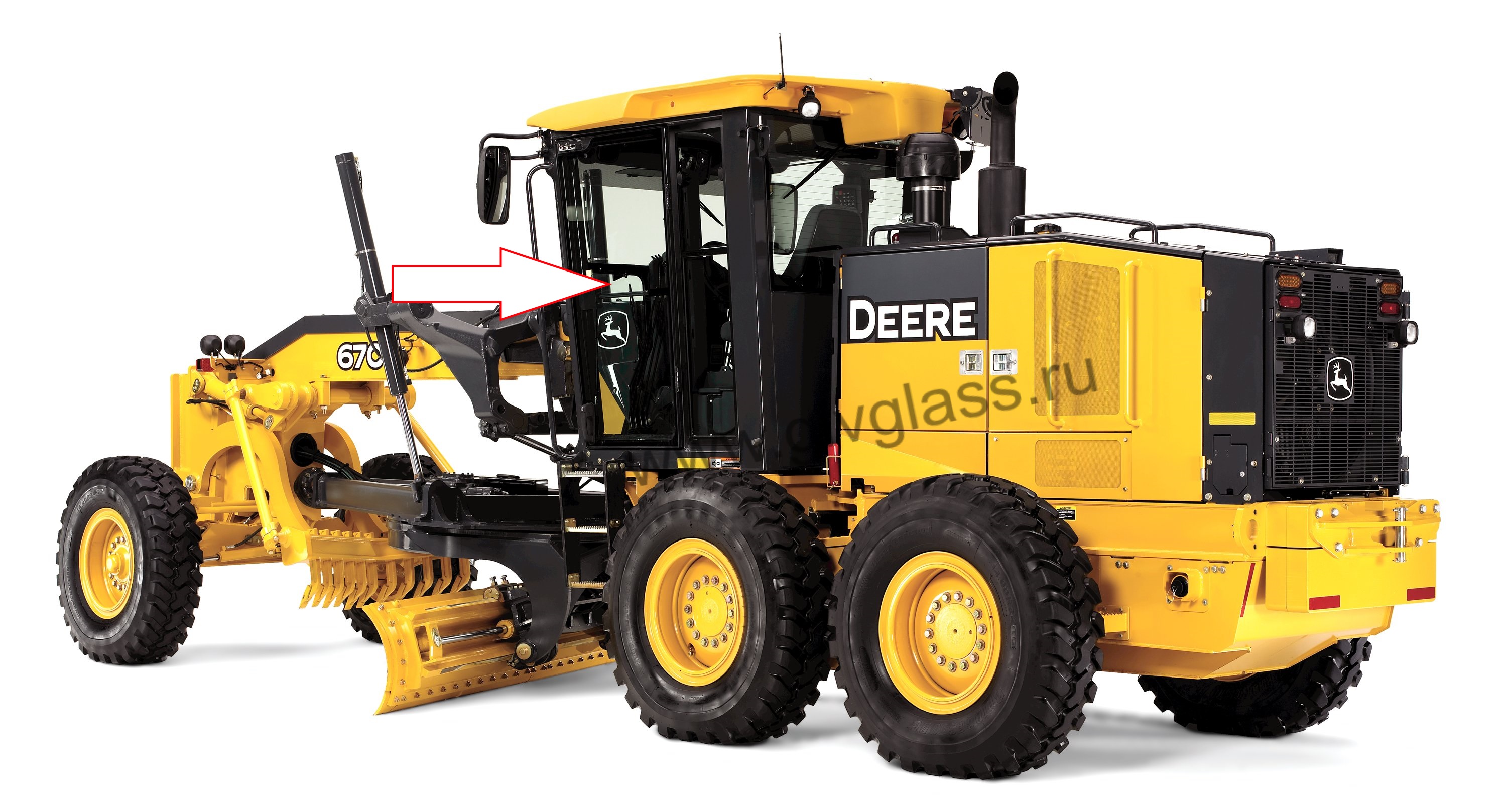 Автогрейдер John Deere 670G/ 672G/ 770G/ 772G/ 870G/ 872G - Стекло дверное левое (закаленное), толщина 5 мм, размер 820 мм * 1610 мм, зеленоватое